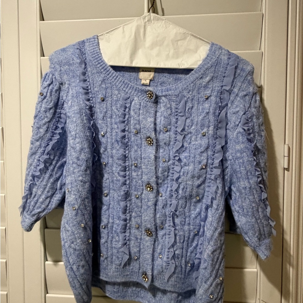 Maeve Blue Ruffled Cardigan with Embellishments